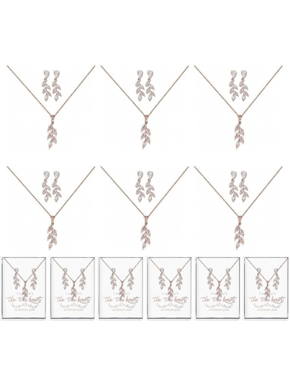 Bridesmaid Necklace & Earrings Set - Cubic Zirconia Leaf Pendant Gift Set of 4